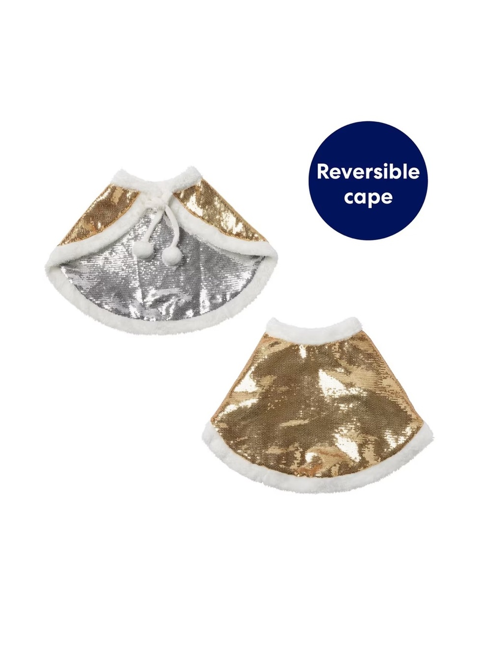 Reversible Gold & Silver Sequin Dog / Pet Cape/Sweater with Faux Fur Trim